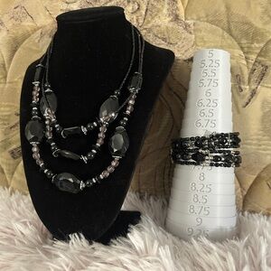 Multi-Strand Black Bead Choker/Necklace + Bracelet Set